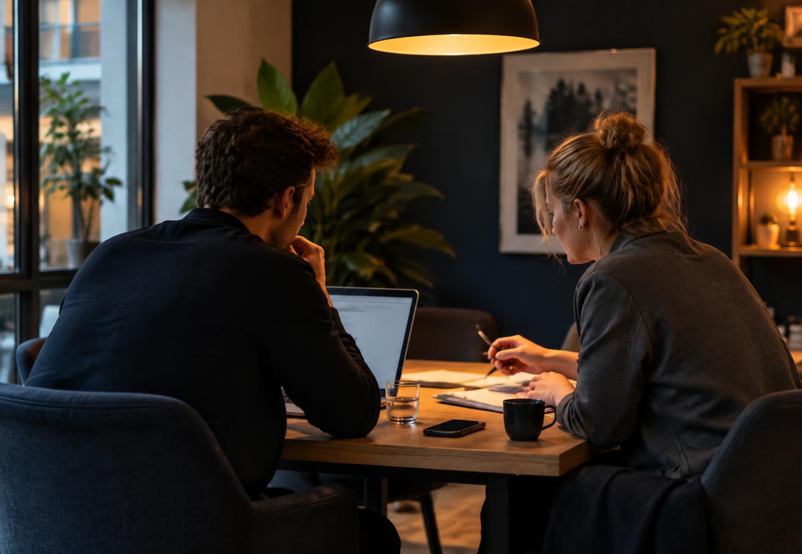 Twee ondernemers bespreken samen een plan aan een tafel met laptop